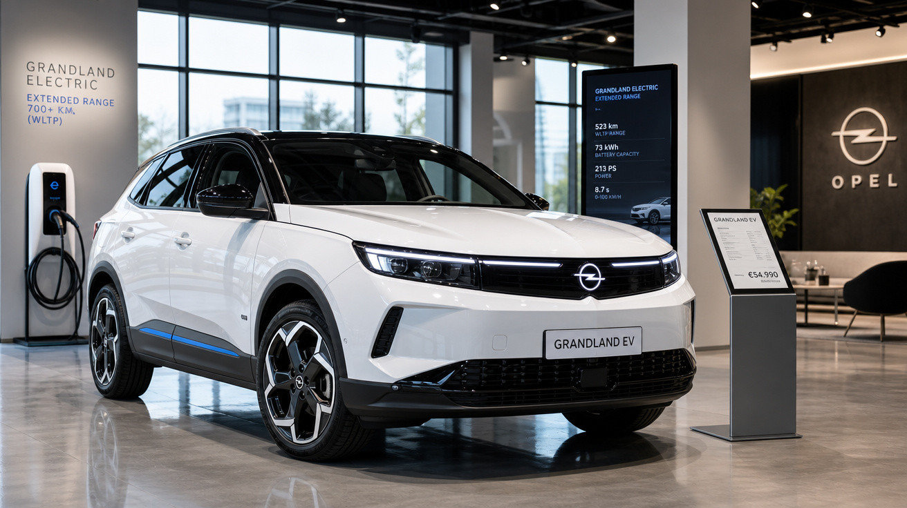 Carro elétrico Opel Grandland EV branco exposto em showroom moderno, em carregamento junto à parede.