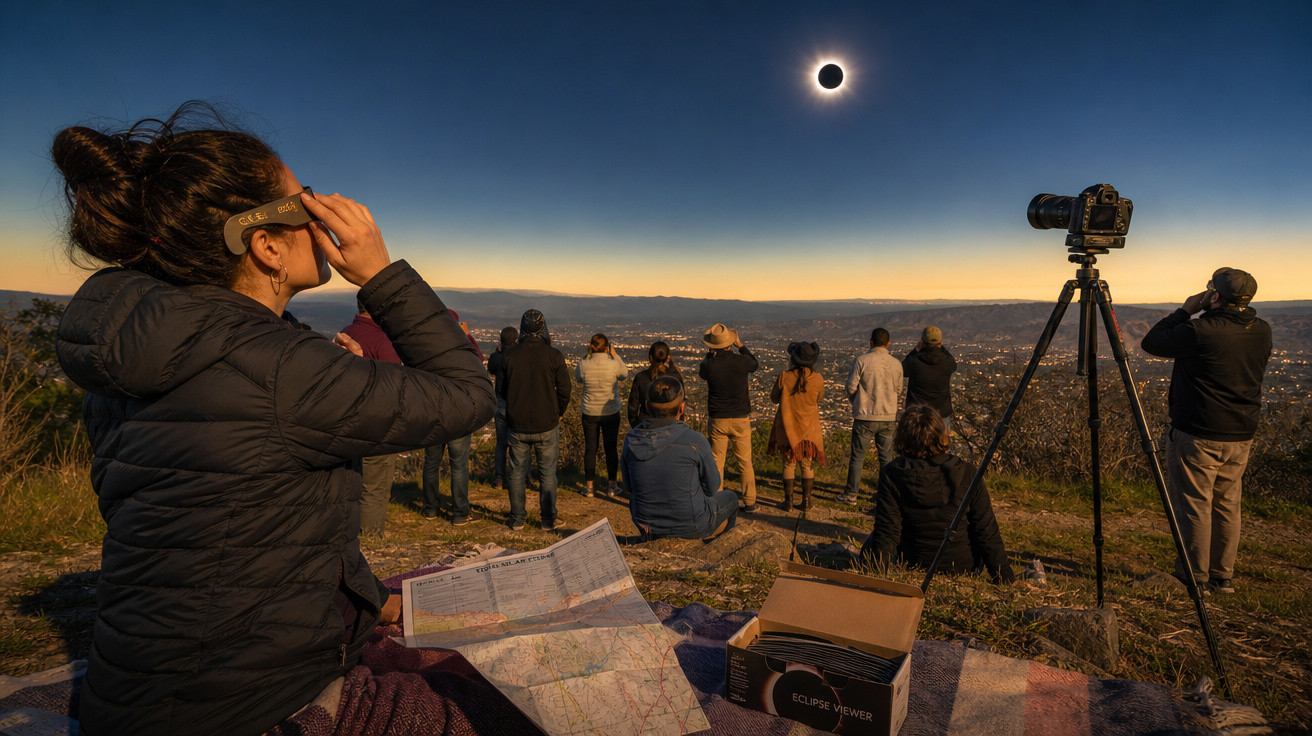 Pessoas observam um eclipse solar total ao pôr do sol numa colina, algumas com equipamentos fotográficos.