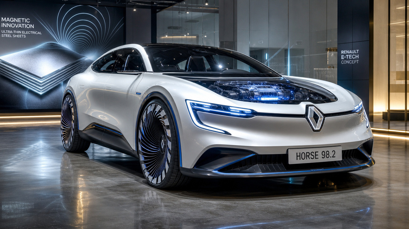 Carro conceito elétrico Renault E-Tech Horse 98.2 branco com luzes LED e design futurista em exposição.