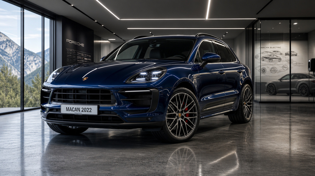 Porsche Macan 2022 azul escuro estacionado em sala de exposição moderna com vidro e luzes LED.