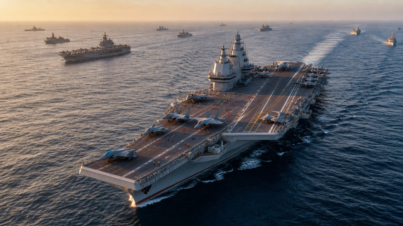 Porta-aviões acompanhado por vários navios de guerra no mar ao pôr do sol.