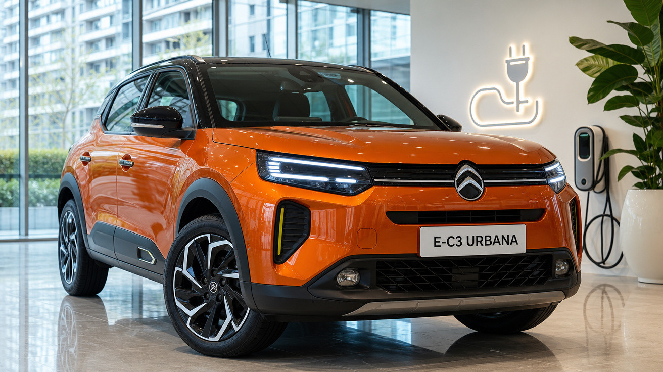 Carro elétrico Citroën E-C3 Urbana laranja estacionado em showroom com ficha de carregamento na parede.