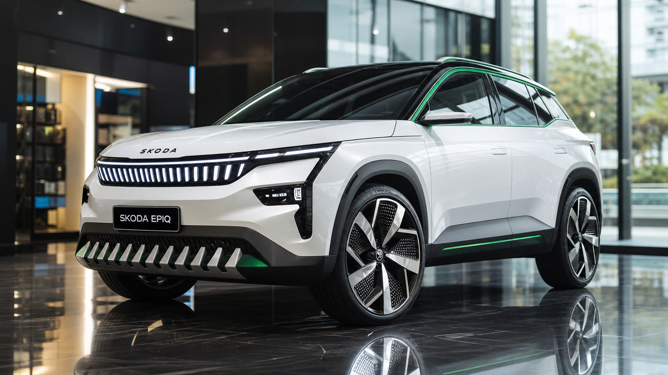 Carro elétrico SUV Škoda Epiq branco exibido numa sala de exposição moderna com luz natural.