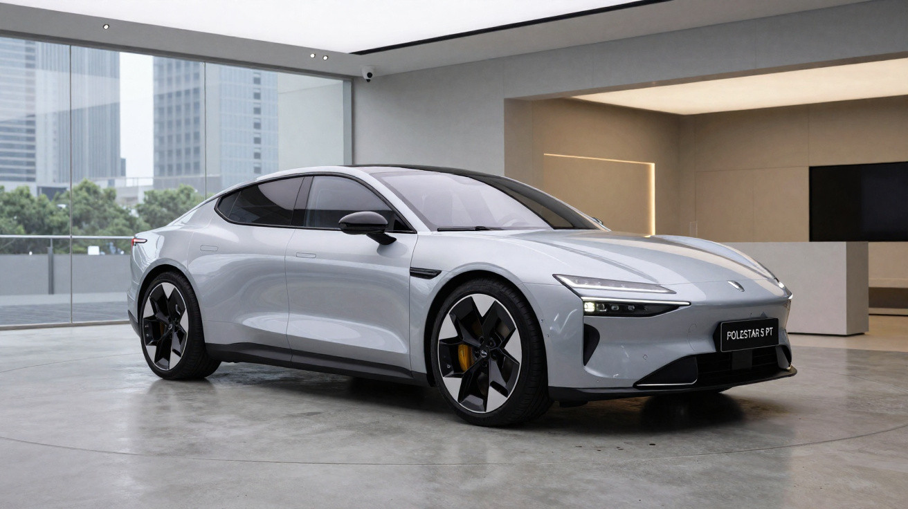 Carro elétrico Polestar 5 PT cinza claro estacionado num espaço interior moderno e minimalista.