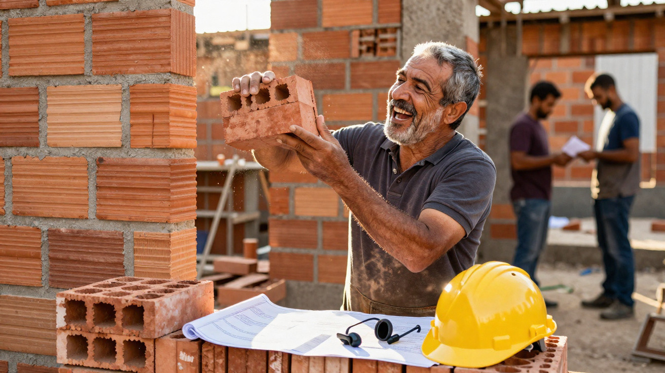 Homem sorridente a segurar um tijolo num estaleiro de construção com capacete e plantas na frente.