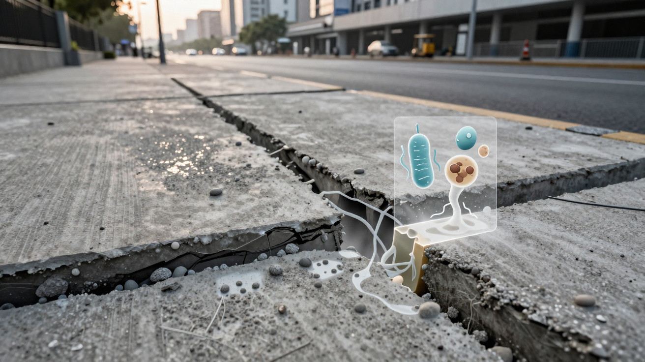 Fenda numa calçada de cimento numa rua urbana com ilustração digital de bactérias e micróbios.
