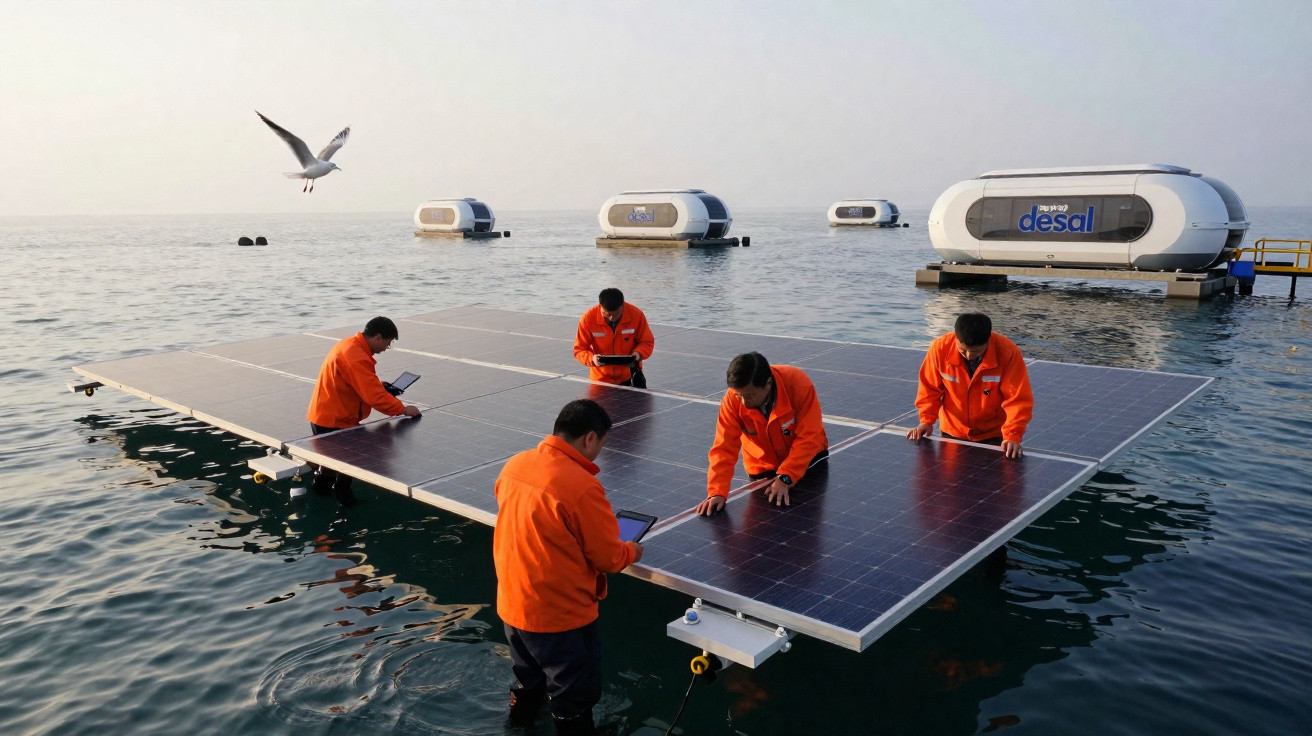 Cinco pessoas de casacos laranja inspecionam painéis solares flutuantes no mar próximo a estruturas modulares.
