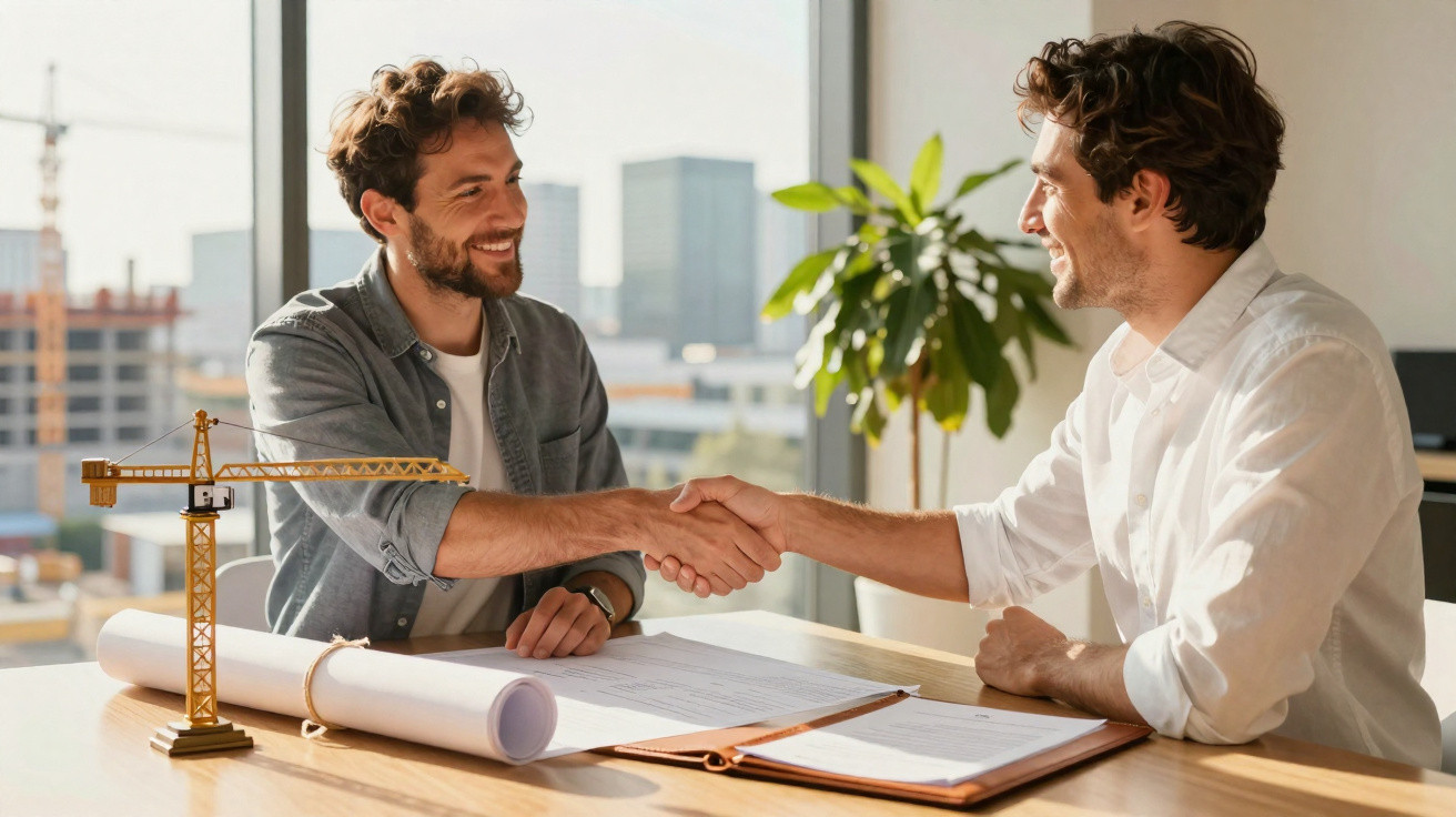 Dois homens a cumprimentarem-se com sorriso, sentados à mesa com plantas e plantas arquitetónicas.