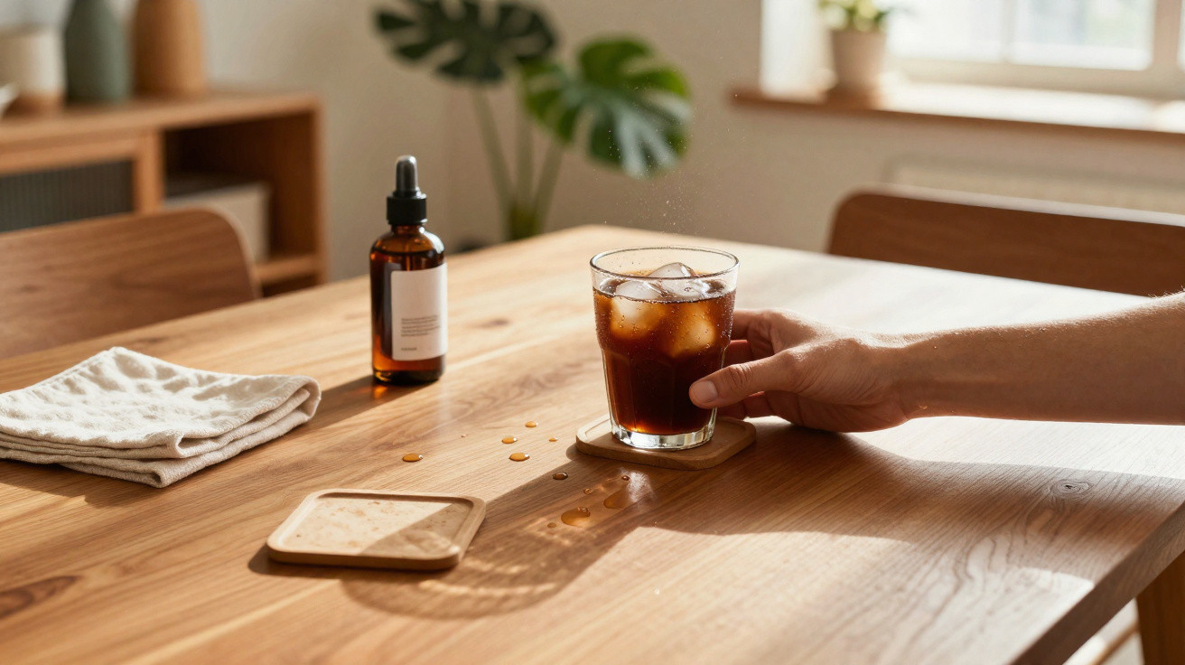 Mão a segurar copo com bebida gelada com cubos de gelo numa mesa de madeira clara, ao lado de frasco e toalha.