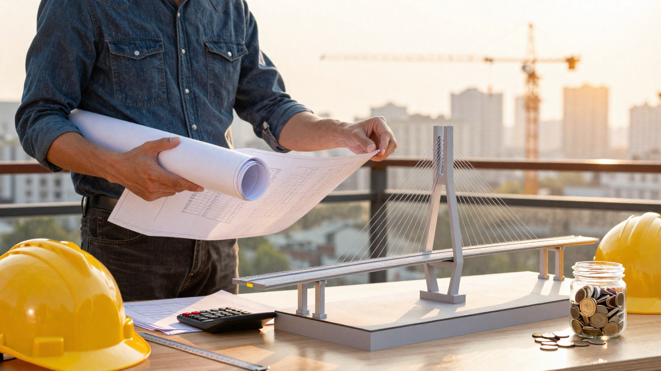 Pessoa a analisar planta com maquete de ponte, capacetes amarelos e jarro com moedas numa mesa de trabalho.