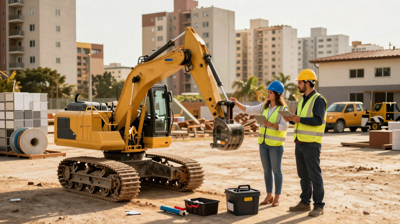 Dois trabalhadores com capacetes e coletes refletores inspecionam escavadora amarela num estaleiro de construção.
