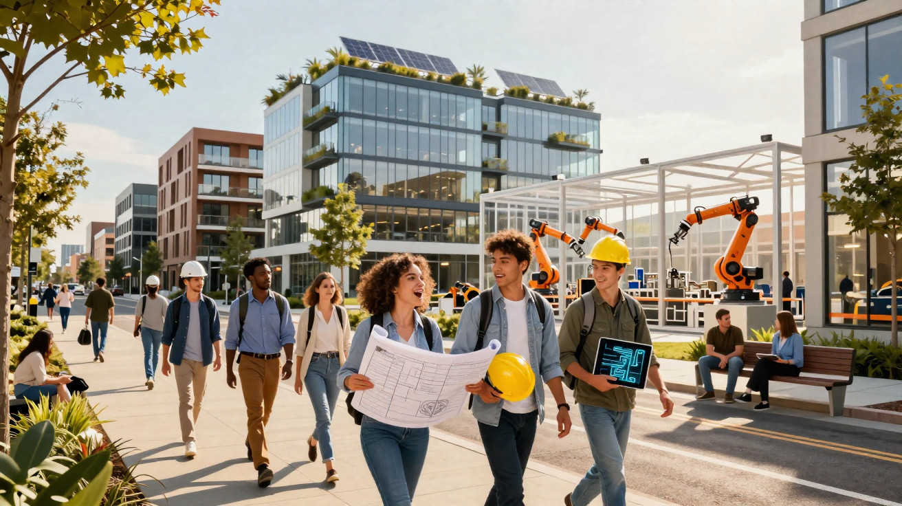 Jovens engenheiros a caminhar numa área urbana moderna com edifícios, painéis solares e braços robóticos industriais.