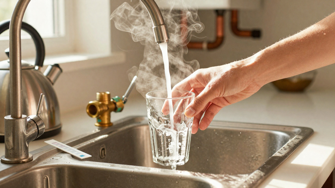 Mão enche copo com água quente vaporizando numa cozinha com torneira e chaleira no lava-loiça.