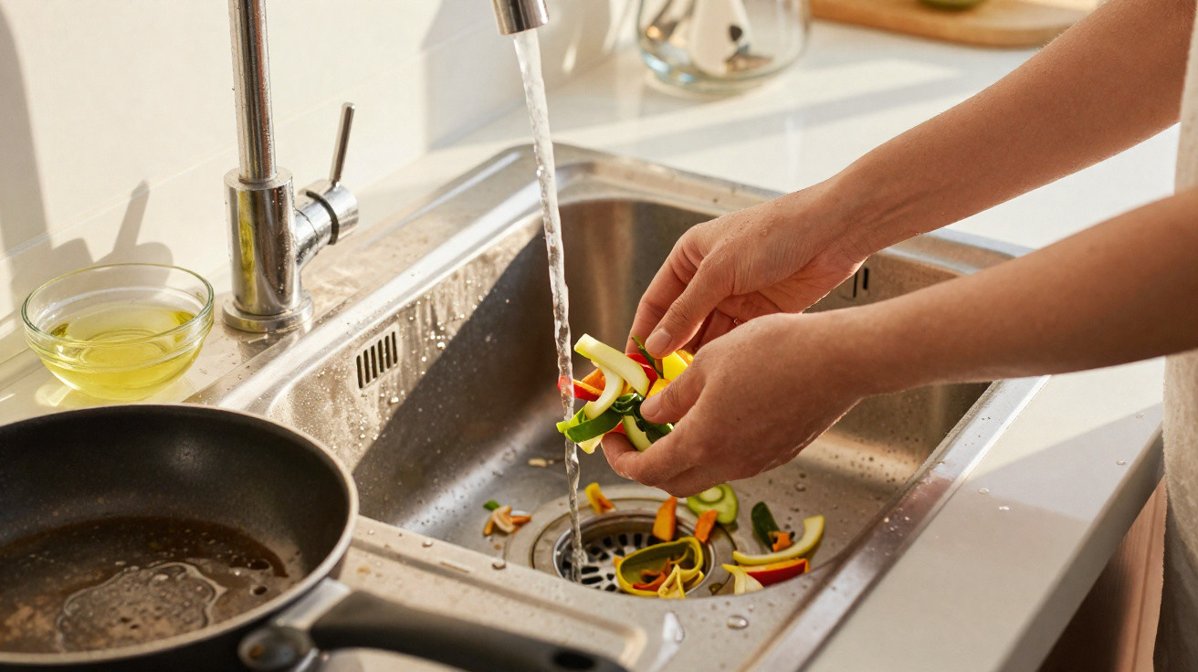 Pessoa a lavar legumes cortados numa pia de cozinha com água corrente e frigideira ao lado.
