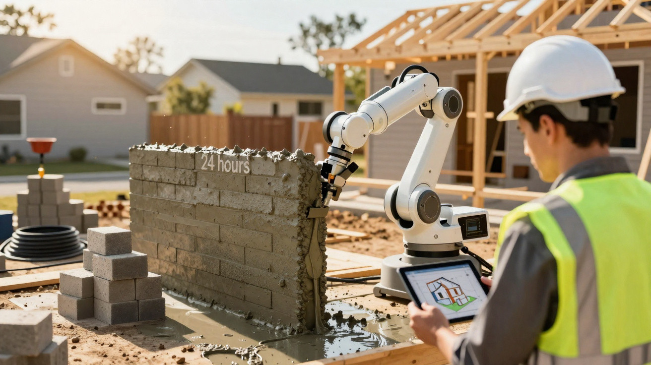 Engenheiro com capacete controla robô que constrói parede de tijolos numa obra de casa.