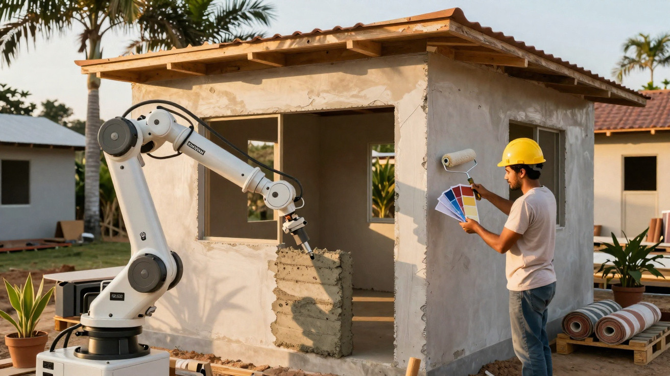 Braço robótico a aplicar cimento numa parede enquanto operário com capacete escolhe cor para pintura numa construção.