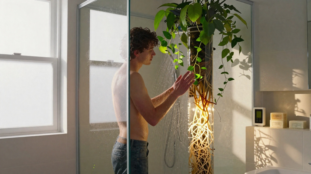 Homem de pé no chuveiro com planta pendurada, luz natural entra pela janela do banheiro.