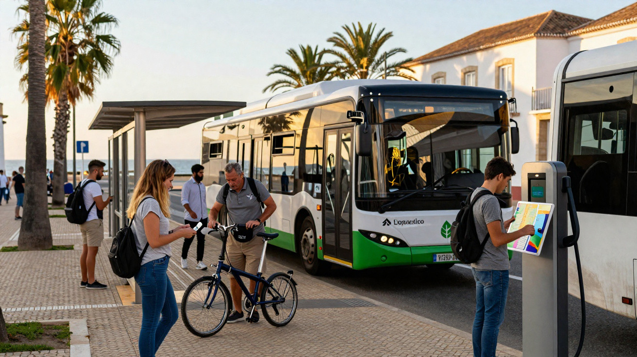 Pessoas esperam e utilizam transportes públicos numa paragem com autocarro elétrico e ciclista numa rua com palmeiras.