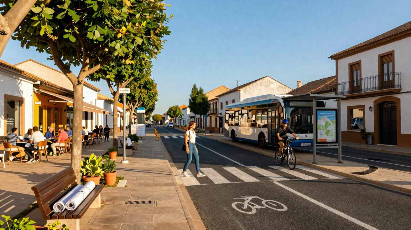 Rua urbana com paragem de autocarro, ciclista, pedestre e esplanada com pessoas ao fim da tarde.