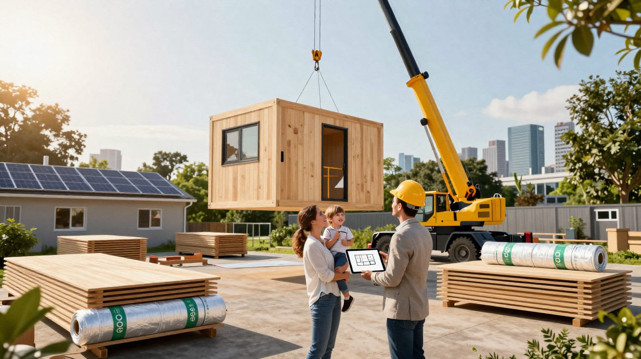 Casa modular de madeira a ser içada por grua, com uma mulher, criança e engenheiro a observar no local de construção.