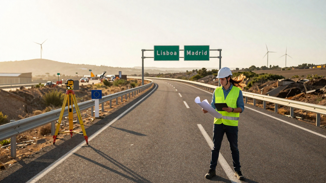 Engenheira com colete e capacete a analisar plantas numa via entre Lisboa e Madrid ao pôr do sol.