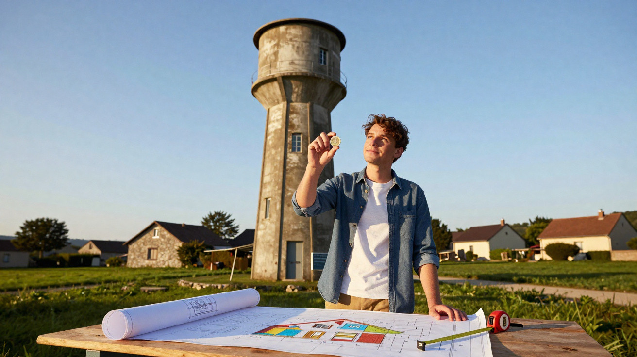 Jovem segurando uma moeda junto a planta de arquitetura num campo com torre de água e casas ao fundo.