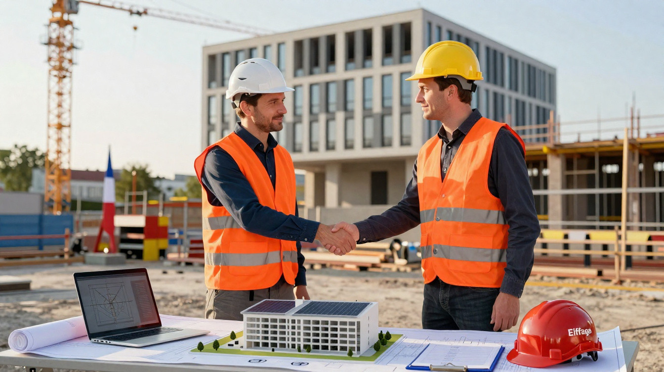 Dois engenheiros com coletes refletivos e capacetes apertam as mãos num estaleiro de construção.